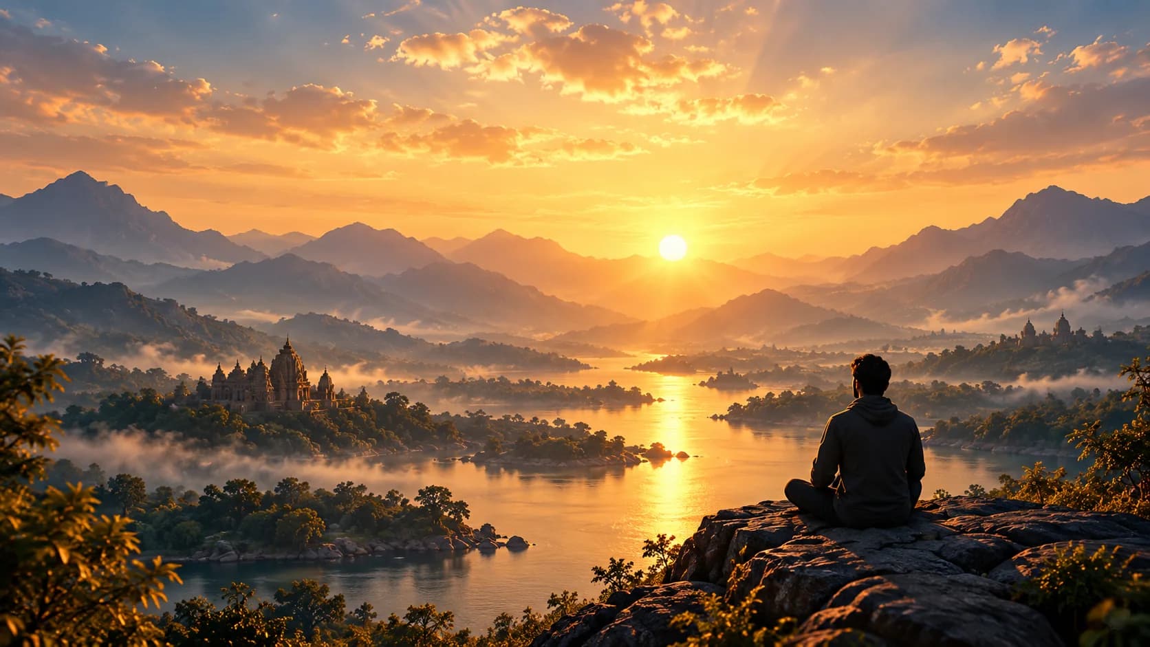 Golden sunrise over an Indian mountain valley, with a person reflecting beside a lake