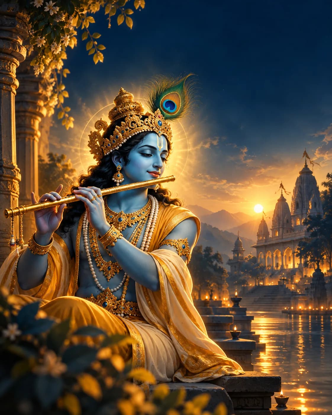 Illustration of Shri Krishna with his flute beside a temple at sunset