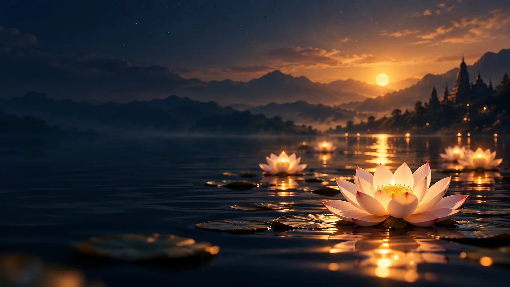 Glowing lotus flowers floating on a tranquil lake at sunset