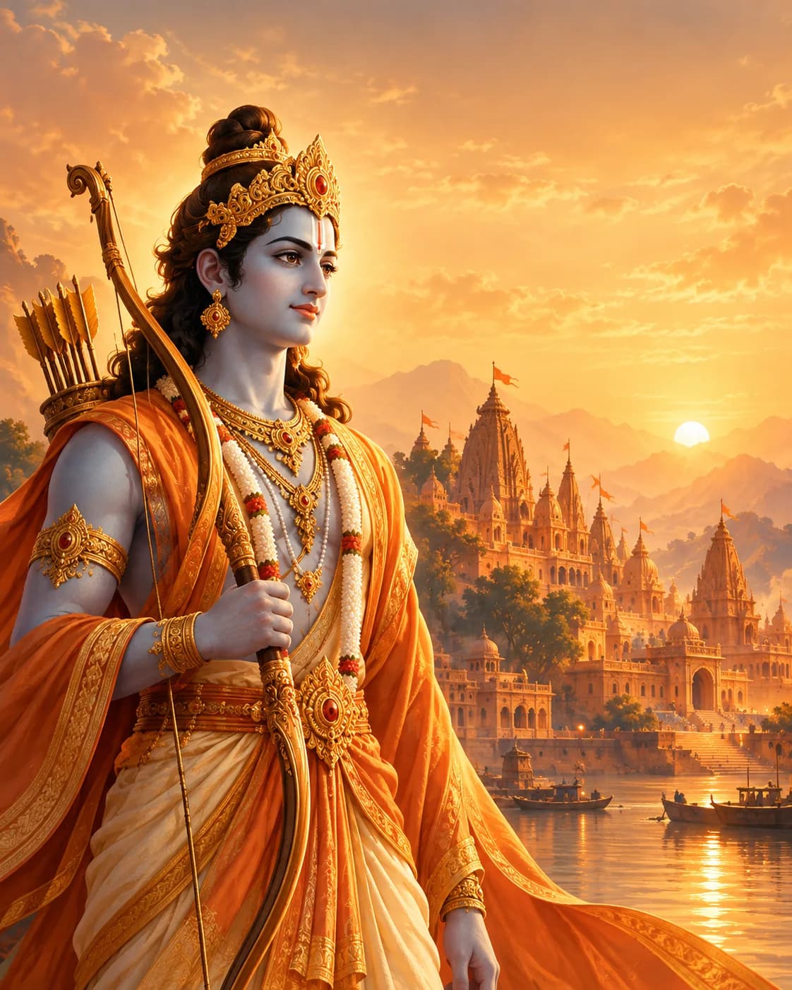 Illustration of Shri Rama carrying a bow beside a temple at golden sunset